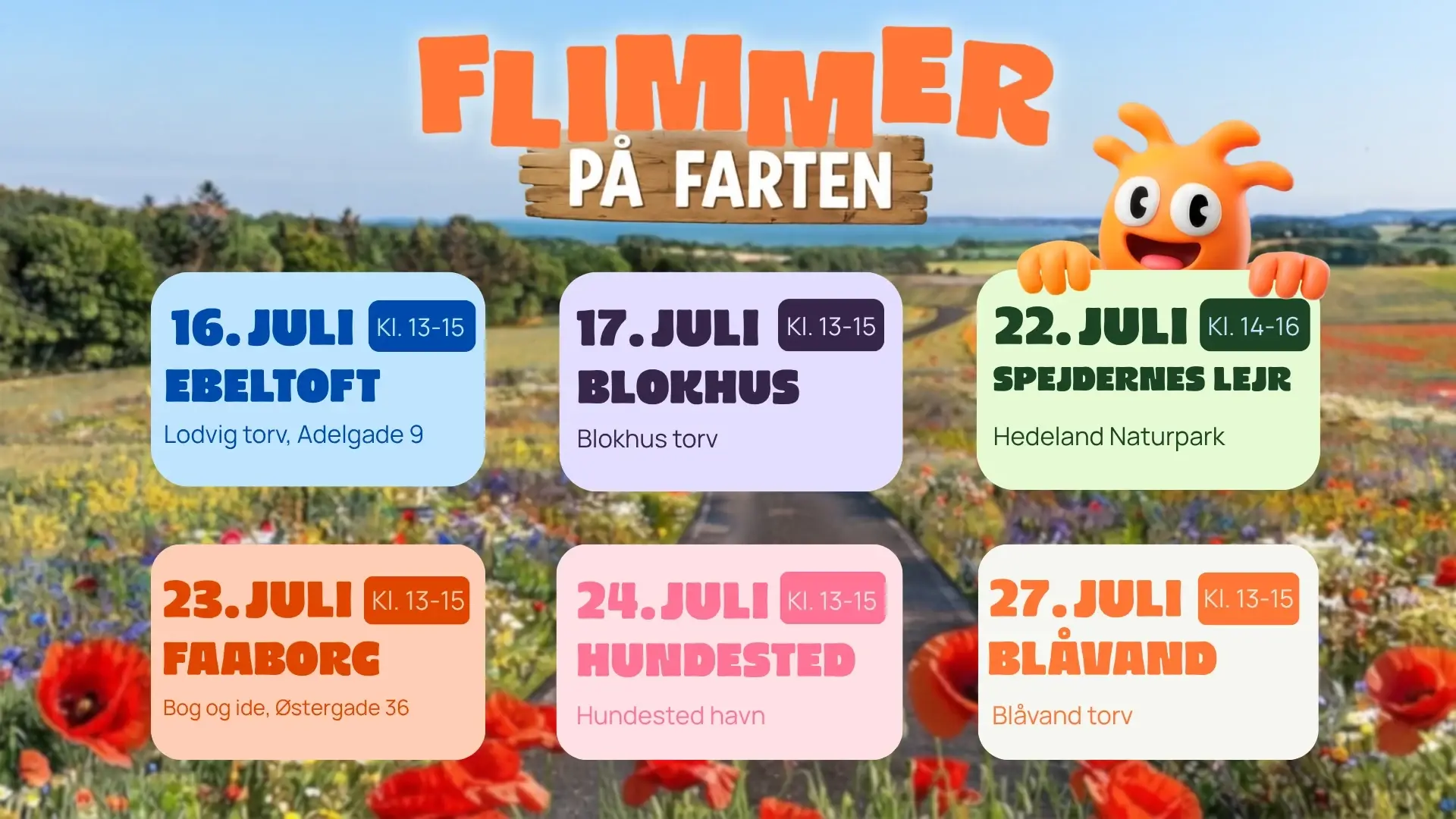 Tidsplan for Flimmer på farten 2026 – Ebeltoft, Blokhus, Spejdernes lejr, Faaborg, Hundested og Blåvand